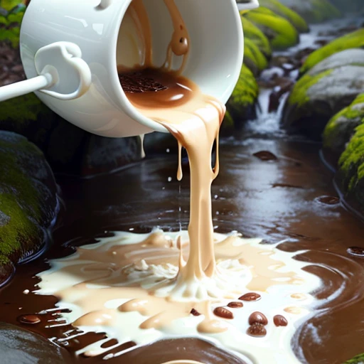 Creamy coffee spilling over stream pouring into middle splashing messy