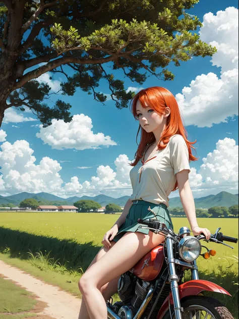 anime scene, tropical field in day light, clear sky, puffy clouds, beautiful anime landscape, anime movie background, high quality desktop wallpaper, landscape wallpaper, from very distance under a tree, there is a pretty redhead pale girl, freckles skin, ...