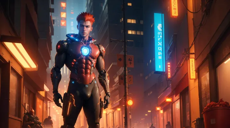 ((best quality)), ((masterpiece)), (detailed), A hot male robot, with glowing parts, posing very horny, with red hair and a huge sniper beside him, in a cyberpunk alley, cinemtic, 8k