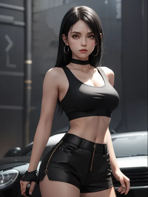 a woman in a black top and black pants posing for a picture, wearing a cropped black tank top, bra and shorts streetwear, wearing a sexy cropped top, imvu, wearing a black cropped tank top, glamorous tifa lockheart, thicc, black outfit, female outfit, tigh...