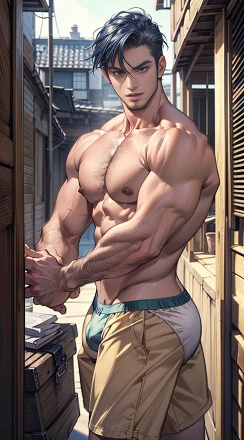 (masterpiece best quality 8k ultra-detailed:1.5) ultra realistic, solo standing male, muscular handsome (((perfect face,perfect eyes))) (topless) (undercut), anime style, illustration, (((underwear,trunks, big bulge))), realistic shade, sharp, detailed bea...