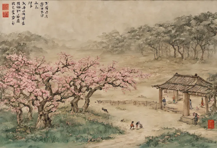 a forest of peach blossoms，growing on both sides of streams，a few hundred steps at most，there are no other trees in the middle，d...