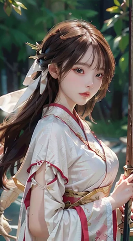 Close-up of a woman in a white dress holding a sword，Full body like，Faraway view，a character portrait by Yang J，The popularity of CGsociety，A black ribbon covers the eyes，Fantasyart，beautiful character painting，best qualtiy，tmasterpiece，超高分辨率，（fidelity：1.4...