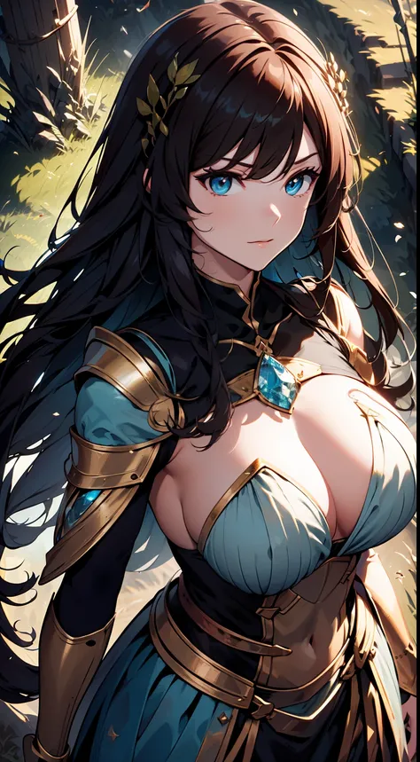 (absurdres, highres, ultra detailed), huge boobs, thick body, revealing cloths, hair ornaments,1woman, mature female, aged up, wavy long hair, auburn hair, coral eyes, bangs, long sleeves, finely detailed eyes and detailed face, extremely detailed CG unity...