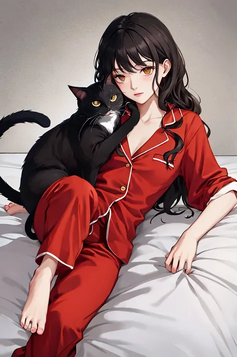 Wearing red pajamas，Long hair like a petrel，The barefoot，Holding black cat in hand，Lazy style beauty