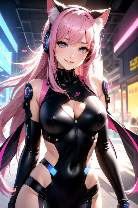 Beautuful Women、１８age、perfect bodies、Tight clothes、rainbow hair, length hair , A pink-haired、, Mole under the eyes, Heart-shaped pupil, Cat Ear Headphones, Smiling、Pose like a model、Fantastic background、Futuristic clothing、cyberpunked