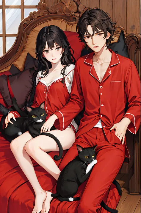 Wearing red pajamas，Long hair like a petrel，The barefoot，Holding black cat in hand，Lazy style beauty