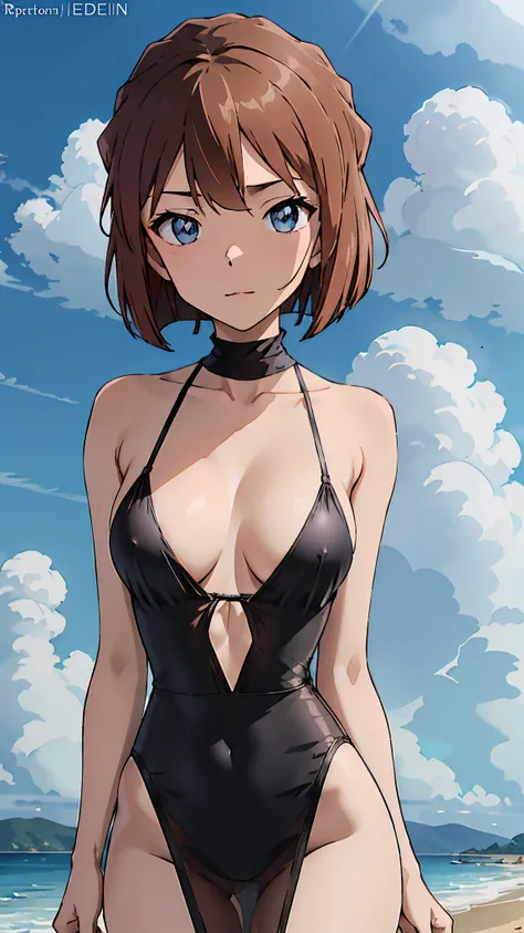 1个giant breast girl, brown hair,short detailed hair,eblue eyes,full bodyesbian,wearing black transparent dress with translucent ...