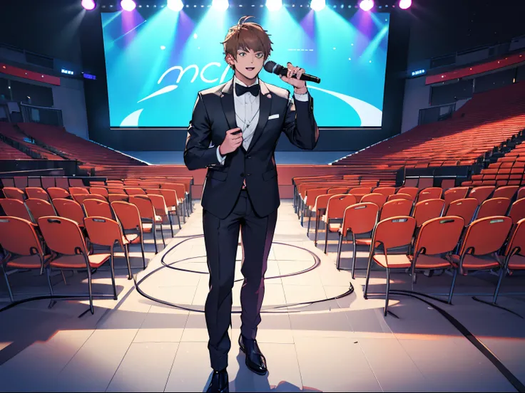 auditorium，MC（ember），Eyes wide，in suit，Hold the microphone，The guests looked curious