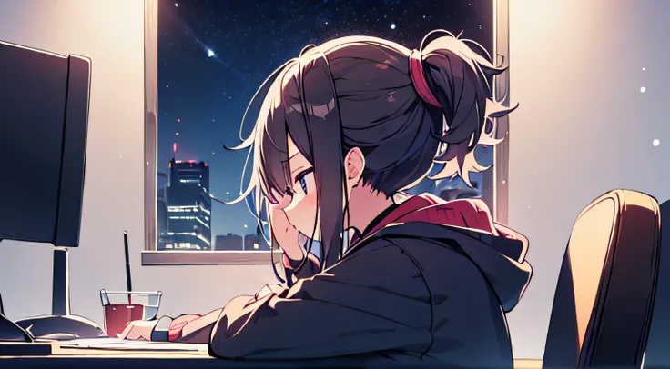 masutepiece, Best Quality,(1girl in),Anime girl wearing a hoodie 1,, hair messy, study in her room, sitting at her desk, Look at something, winter night, ((chill vibes)), Night, ((from side view:1.4))