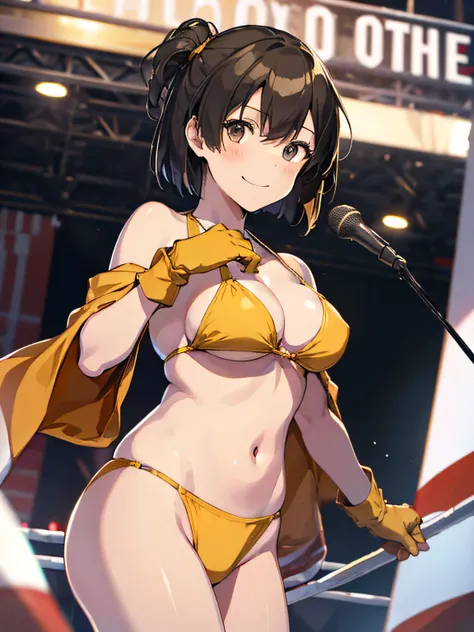 (masutepiece, Best Quality:1.2), Cowboy Shot, Solo, 1girl in, Hiryū, Smile, Looking at Viewer,Yellow Bikini、One side up, , partially fingerless gloves、The background is professional wrestling、spectator seats、is standing、Facing the front