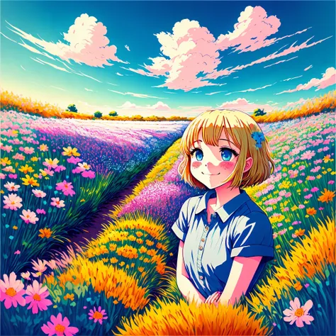 Blonde,  blue eyed, ghibli style art,  colorful sky, field of flowers,  happy,  smug