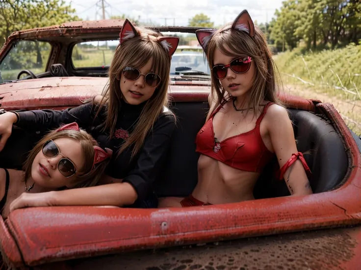 13 year old girls with and heavy weapons , ((siting in an old worn red convertible car)) on the road in an apocalyptic scene, ((...