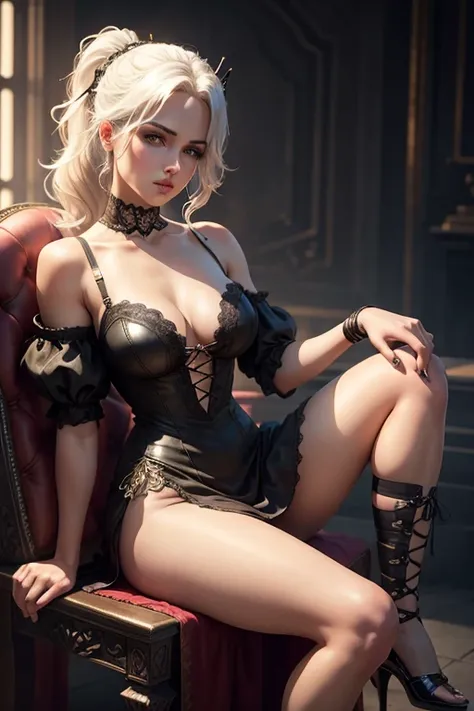 HD,sexy ciri, crown, ponytail,black dress,lace up heels, lingerie,throne, sitting with one leg over the other