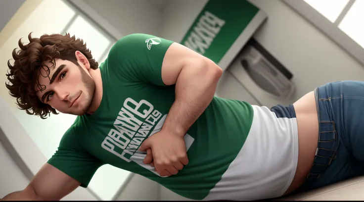 homem gordo visto de costas, supported on the knees and hands on the floor, com uma camisa com o logo do Xbox, with your hands on your hips, dizendo " nem doi mais " - written in Portuguese