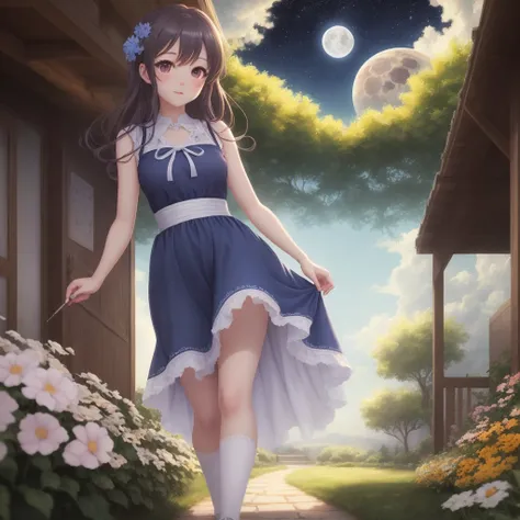 （Painting style close-up，8k ultra high definition，Masterpiece vista CG wallpaper）magnificent sky，Cute girl，perfect slim figure，colorful sleeveless dress，Pure eyes，Smooth skin，Stroll through the colorful gardens，background moon，Milky Way，Dreamy sky