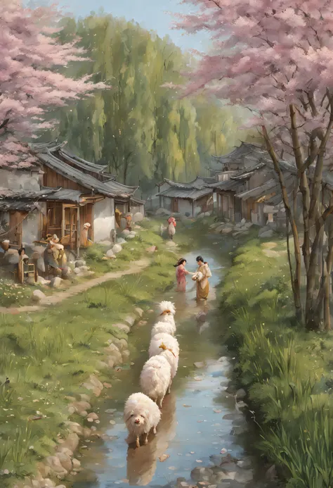 both sides of the creek are covered with peach blossom trees，fallen flowers scattered all over the ground，neat rows of houses，、p...