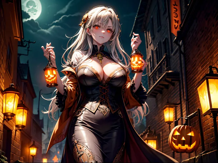 Conjure an eerie Halloween night in a steampunk world haunted by the ghostly apparition of Leonardo AI, where jack-o’-lanterns are powered by flickering steam bulbs and brass spiders with glowing eyes skitter across cobblestone streets. enormous breast