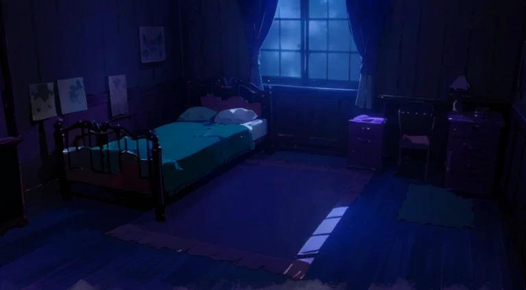 A bed in a dark room with windows, Studio Ghiblis bedroom, Madhouse Studio anime style, dimly lit bedroom, anime scene, RPG style bedroom, someone sits in bed, I slept in sections last night, during night!!, Anime background art, Today’s recommended anime ...