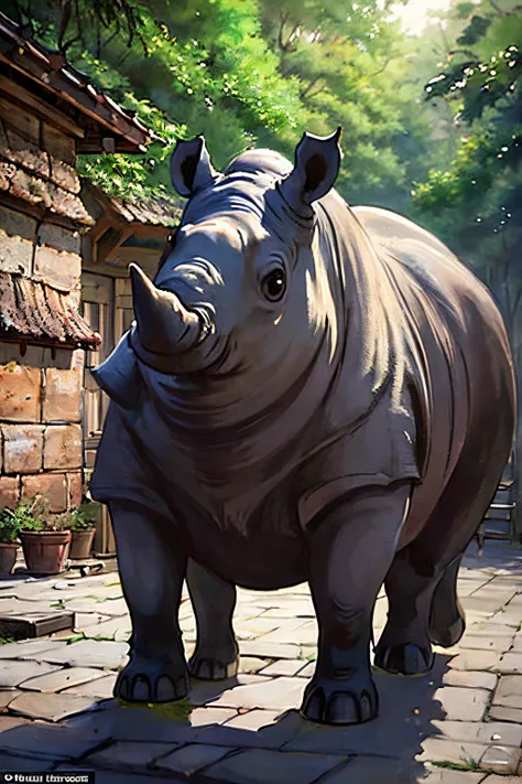 Image of a rhinoceros. The massive creature, with thick, textured skin, stands in a natural habitat. Sunlight plays on its rugged hide, emphasizing the powerful form of the rhinoceros. The horn atop its snout adds to its imposing presence. The surroundings...