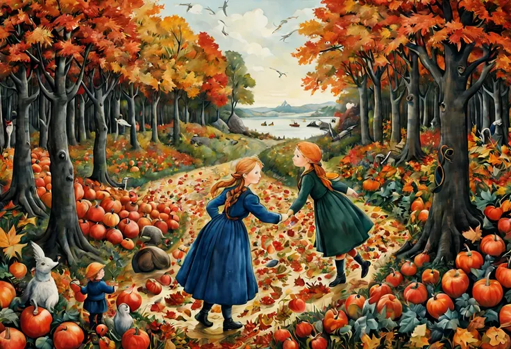 by Elsa Beskow, autumn, intricate, (best quality, masterpiece, Representative work, official art, Professional, unity 8k wallpaper:1.3)