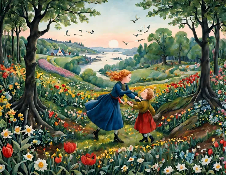 by Elsa Beskow, spring, intricate, (best quality, masterpiece, Representative work, official art, Professional, unity 8k wallpaper:1.3)