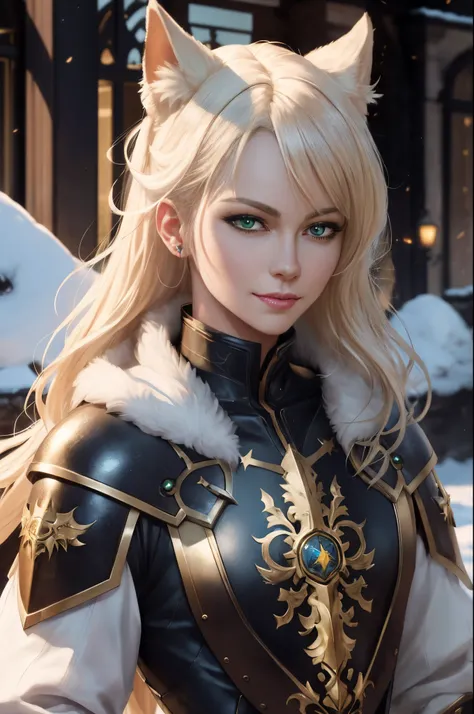 8K,Close-up of a woman wearing a costume with cat ears(Like the real thing) Chest plate like a man,gorgeous green and gold armor,white mohawk hair,Luxurious decoration,Green eyes,super realistic skin,Fangs are visible from the mouth,portrait knights of zod...