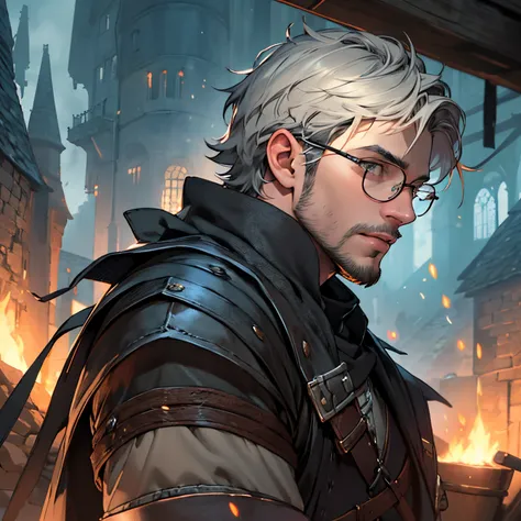 young adult, short hair, wearing glasses, light beard, in dark souls, photo-realism