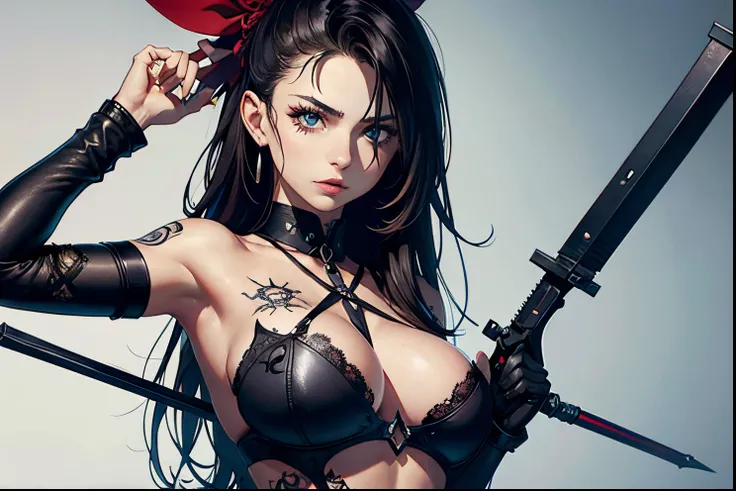 emily ratjokowski, photo portrait,des armes, des tatouages, un vrai personnage de manga