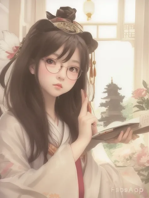 There is a woman in a kimono holding a book, Guweiz style artwork, guweiz, 宮 ， A girl in Hanfu, Realistic cute girl painting, up of young anime girl, ChineseGirl, A masterpiece by Guwiz, Cute Anime Girls, kawaii realistic portrait, realistic anime 3D style...