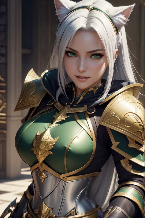 8K,Close-up of a mature woman with cat ears(Like the real thing) Chest plate like a man,gorgeous green and gold armor,white mohawk hair,Luxurious decoration,Green eyes,super realistic skin,Fangs are visible from the mouth,portrait knights of zodiac girl, i...