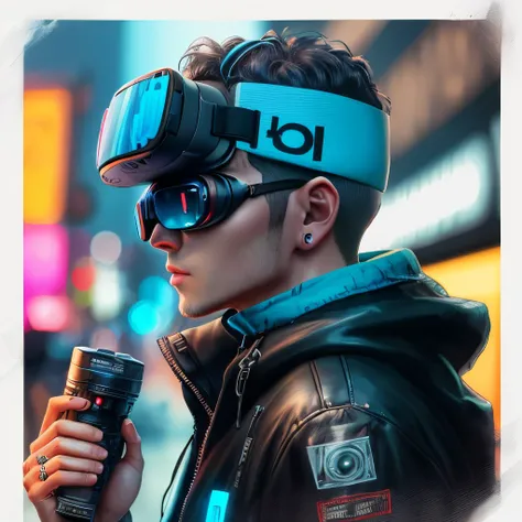 um homem, cyberpunk, oculos VR, Wearing Hat, terno preto couro, capuz, olhando para frente, estilo perfil, head down, estilo feiticeiro, casaco azul marinho, qualidade 64k, canera Canon, melhor qualidade, cinematic INFO