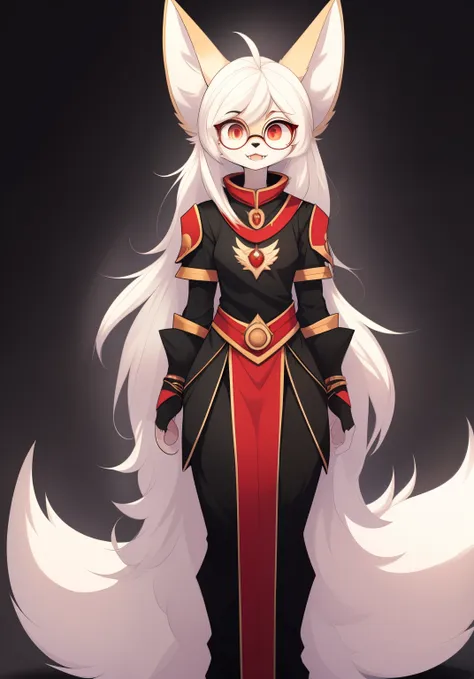 anthro, mommy female white fennec fox, solo, long white hair, red eyes, fangs, full body, one big tail, dark background. dark pr...