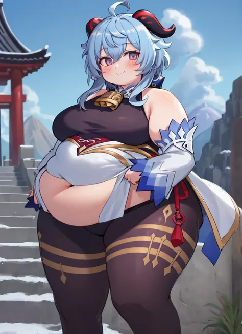 obese ganyudef, upper body, plump belly, fat arms, fat butt, extra thicc, thick thighs, smile, blush, outdoors, day, simple background, blue sky, short hair, sky, temple, looking at viewer, stairs, mountain, moody lighting, Neon Background, night