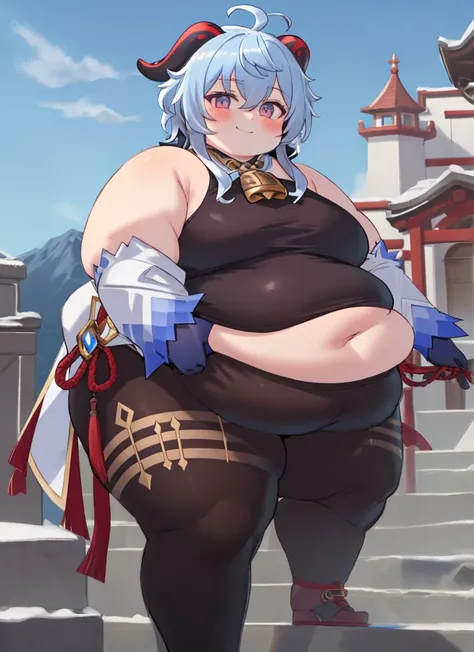 obese ganyudef, upper body, plump belly, fat arms, fat butt, extra thicc, thick thighs, smile, blush, outdoors, day, simple background, blue sky, short hair, sky, temple, looking at viewer, stairs, mountain, moody lighting, Neon Background, night