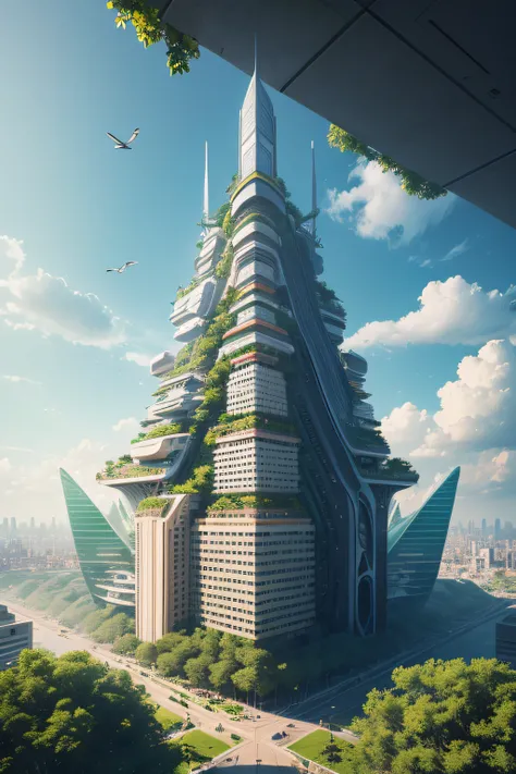 Imagine and depict (ideal city) (future) in which order reigns, comfort, tranquility; the city is protected from external influences, City of High Technologies, the city is based on high technology, brightly, purely, a lot of green vegetation, the trees, F...