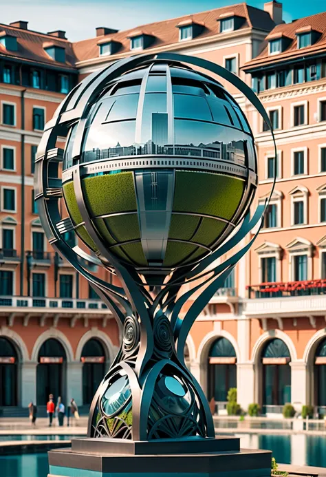 Best quality,4K,8K,A high resolution,tmasterpiece:1.2,beautiful utopian city，(Metal sculpture in the square:1.5),The graduated clock sculpture symbolizes fairness and order,in the style of futuristic,