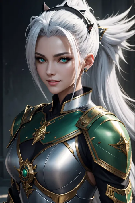 8K,magnificent fangs,white mohawk hair,Close-up of a mature woman wearing a costume with cat ears(Like the real thing) muscular chest like a man,gorgeous green and black armor,white mohawk hair,Luxurious decoration,Green eyes,super realistic skin,Fangs are...