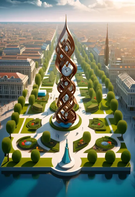 Best quality,4K,8K,A high resolution,tmasterpiece:1.2,beautiful utopian city，(Metal sculpture in the square:1.5),The graduated clock sculpture symbolizes fairness and order,in the style of futuristic,environmental utopia of the future