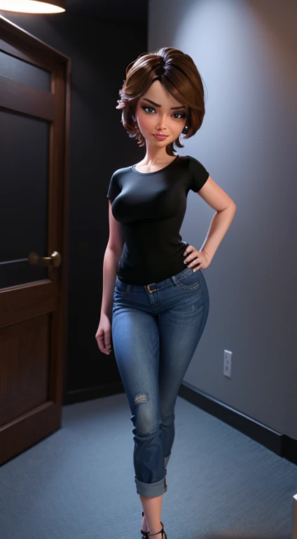 Aunt Cass, beautiful, modest, standing, full body, jeans, black shirt, flirty, facing viewer, looking at viewer