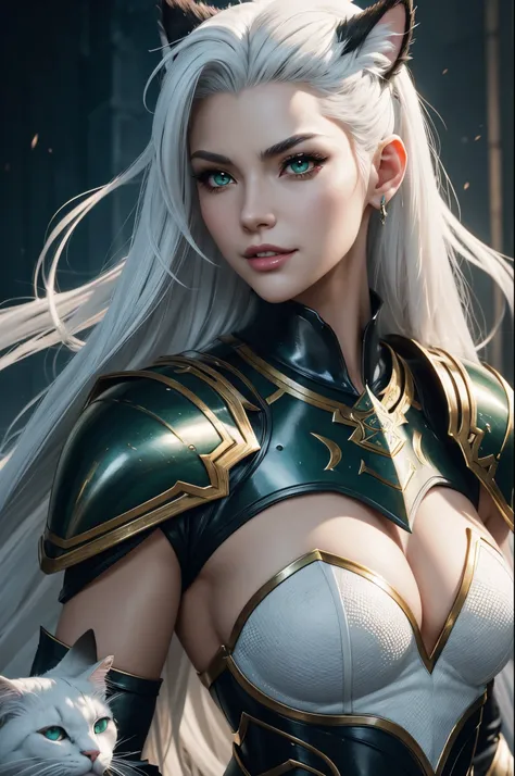 8K,magnificent fangs,white mohawk hair,Close-up of a mature woman wearing a costume with cat ears(Like the real thing) had a male body,Muscular macho body like a man,gorgeous green and black armor,white mohawk hair,Luxurious decoration,Green eyes,super rea...