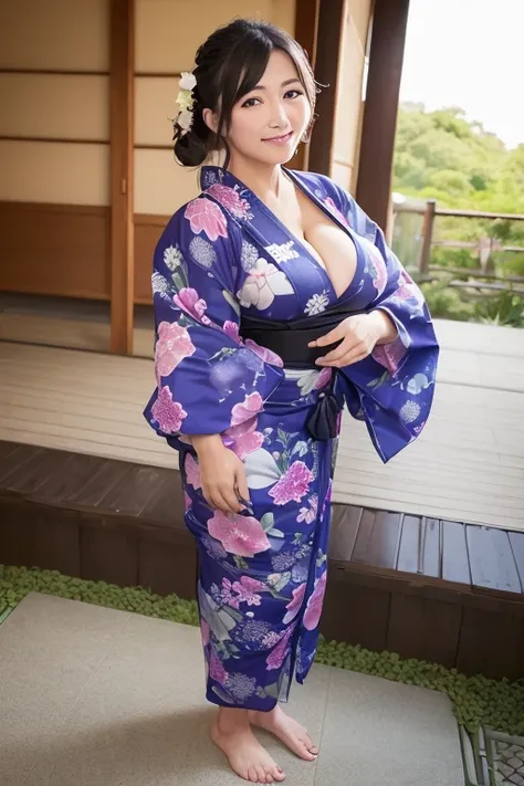 ((Wear a yukata)) 、((Huge:1.2)) 、((qulity:8k、)) 、((Beautie)) 、((40 years)) 、((Emphasizes cleavage))、(((Pose with the whole body))) 、samurai residence garden、