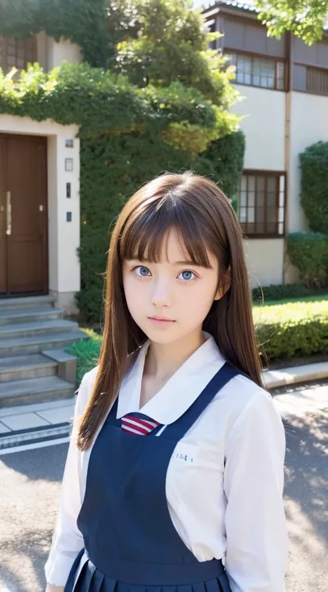 A cute Japanese girl, wearing school uniform,  have a brown hair and blue eyes , double Eyelids, innocent face,standing infront of a house,realistic face