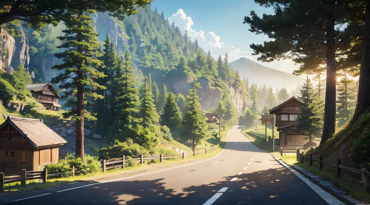 landscapes，mountain road，driveway，Pass Road，Anime style，high-detail，high-level image quality，Sunlight，wooden tunnel，