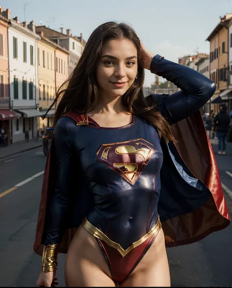 Nia Frost, 26 years old, Italian with the spirit of Supergirl. Elegant costume, flaming cape. A subtle smile, revealing her strength and sweetness. Captured in a casual moment of greatness.