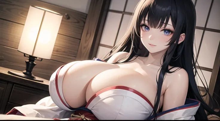 (huge breasts), bare shoulder, ((masterpiece)), ((best quality)), cute girl, long hair, japanese dress