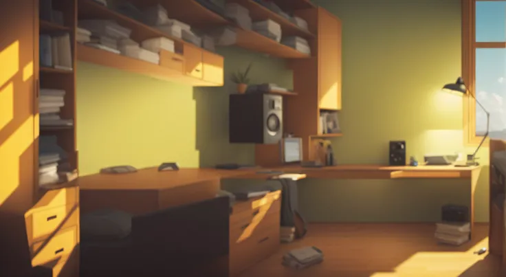 there is a computer desk with a lamp and a bookshelf, animation style rendering, Quarto fotorrealista, realistic afternoon lighting, in style of 3d render, luz do dia feita no liquidificador, rendered lighting, 3d rendering stylized, fundo fosco. Motor irr...