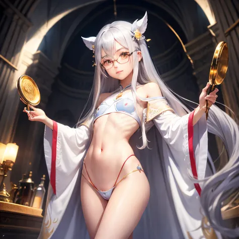 Long silver hair、hime-cut、Golden Eyes、eye glasses、ssmile、early teenage girls、flat chest、Thin pubic hair、Beautiful open legs、bath robe、battle field