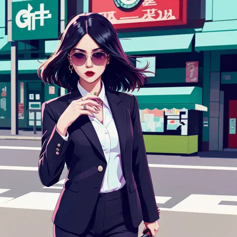 a woman in a business suit smoking a cigarette, inspired by Harumi Hironaka, trending on cg society, digital art, gta chinatown pop art style, gothic city streets behind her, with sunglasses, corporate boss, jojo anime style, high - res, mobster, on the st...