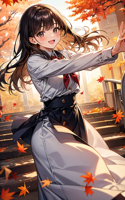 She is wearing a high school uniform、Amid falling autumn leaves、With a radiant smile、dancing with arms outstretched